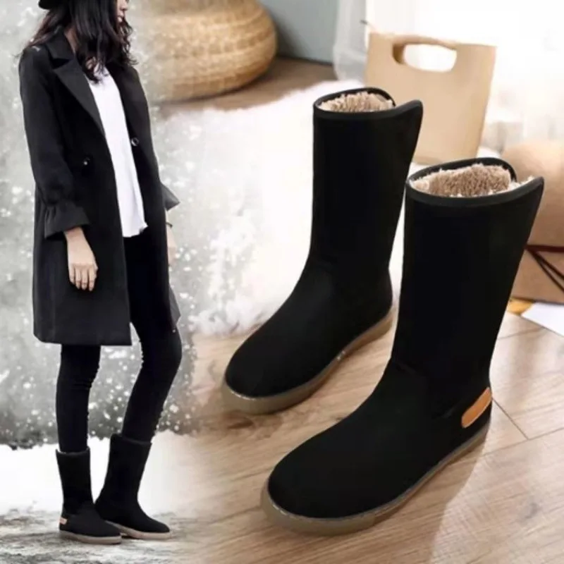 Long Tube Snow Boots for Women Cowhide Plush Thick Anti Slip Women's Boots Fashion Warm Black Cotton Shoes Female