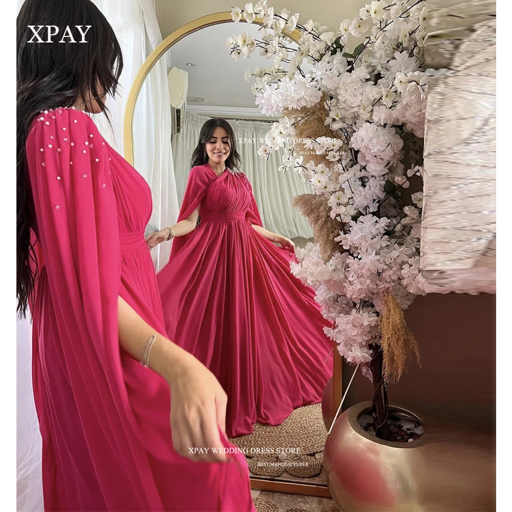 

XPAY Fushcia Pink A Line Prom Dresses Saudi Arabic Women Long Cape Sleeves Pearls Floor Length Prom Gowns Formal Party Dress