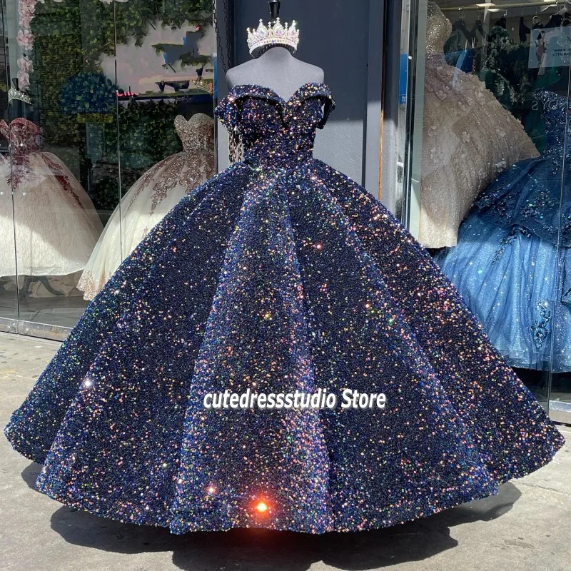 

Sparkle vestidos de 15 anos Quinceanera Dresses 2022 Sequin Lace-Up Back Off The Shoulder Short Sleeves Sweet 16 robes de soirée