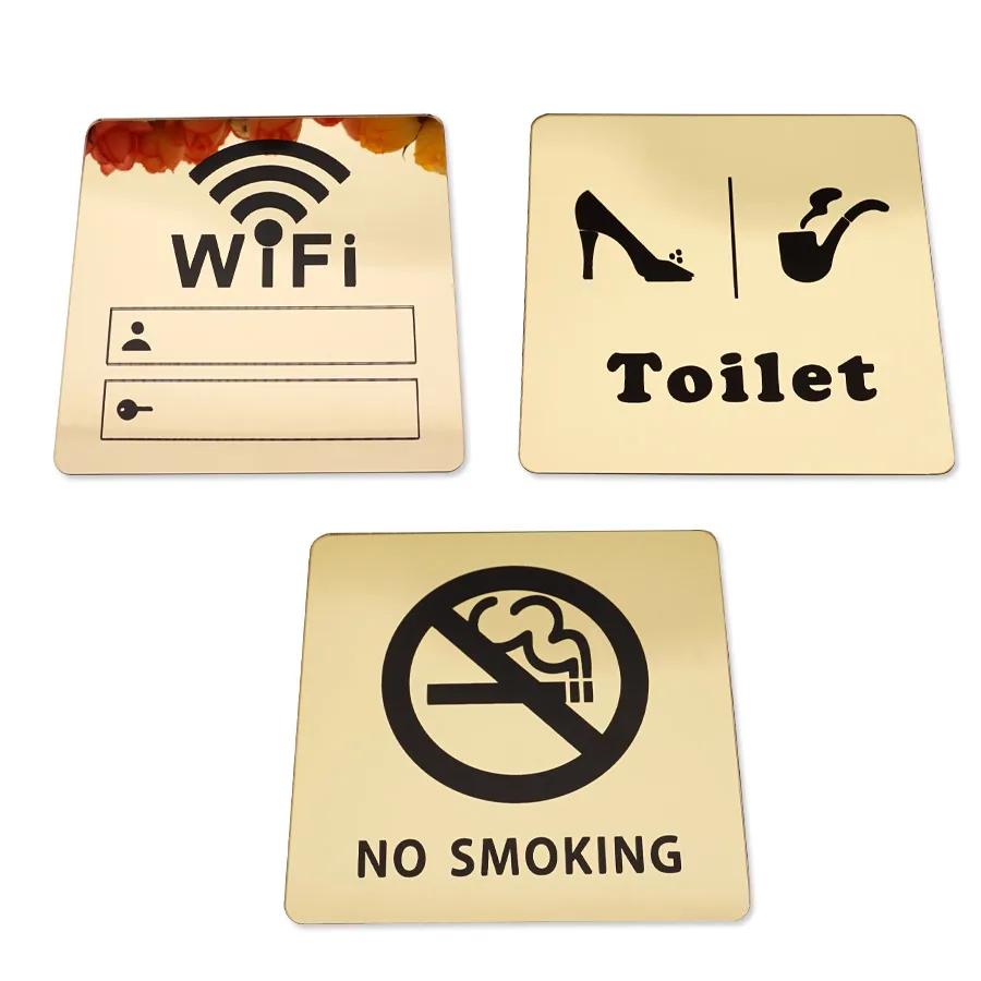 WIFI/NO SMOKING/Toilet Sign 3D Acrylic Mirror Wall Stickers For Public Shope Signage Plate