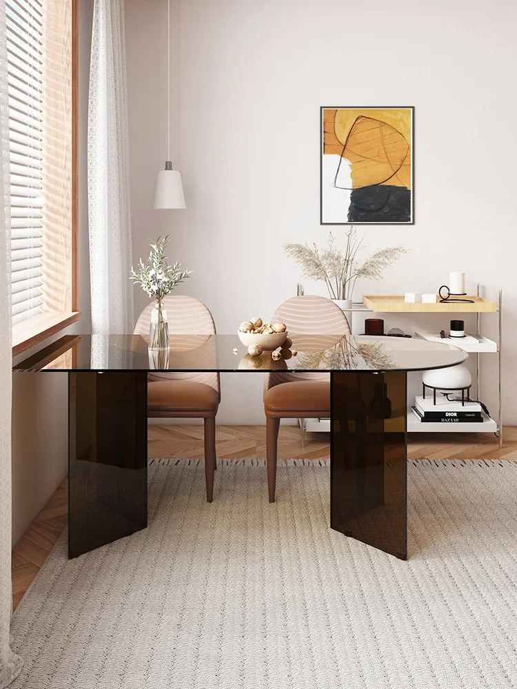 Transparent peninsula table minimalist wabi wind wall tempered glass dining table size modern and simple