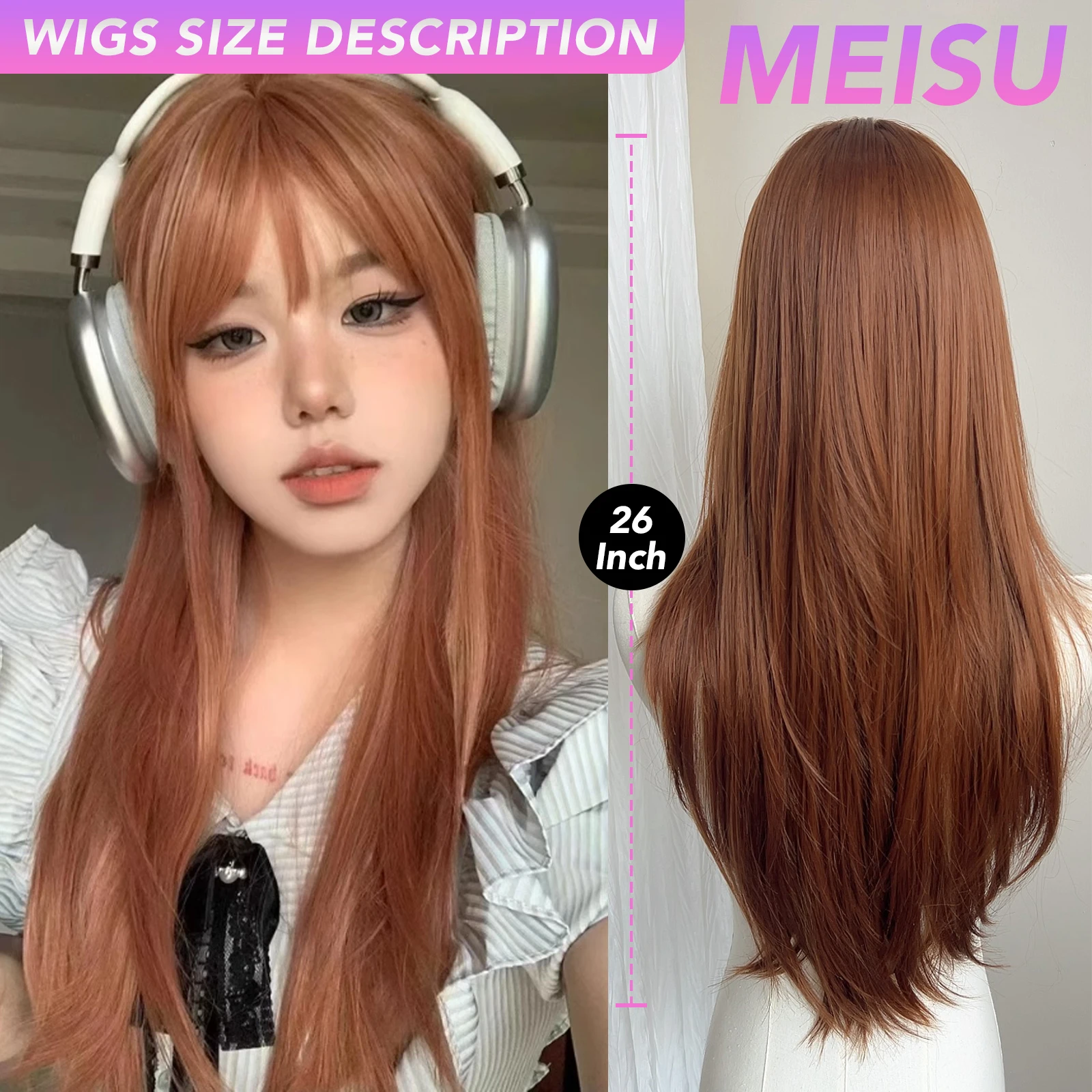 MEISU 26 بوصة الاصطناعية شعر مستعار مستقيم الانفجارات الهوائية الشعر البرتقالي مقاومة للحرارة الطبيعية وسلسة ارتداء اليومي للنساء