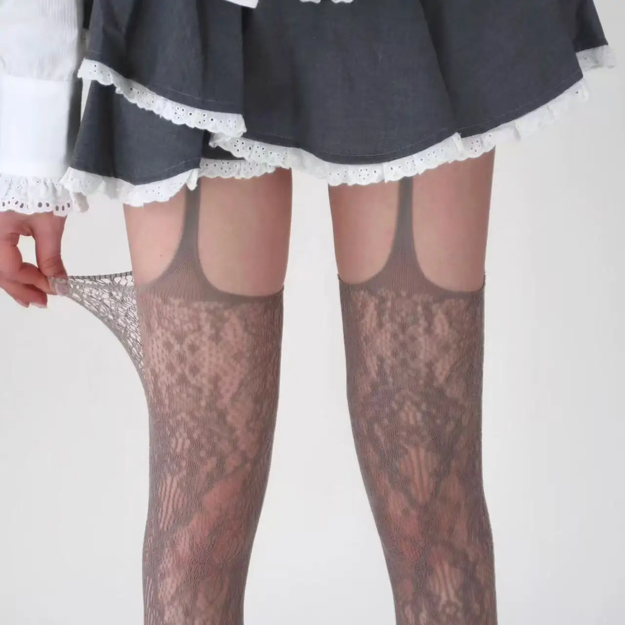 Lolita Süße Mädchen Punk-Stil Blumenmuster Strumpfhosen Bunte Overknee-Strümpfe Transparente Netzstrümpfe Strumpfhalter Strumpfhose mit Gürtel