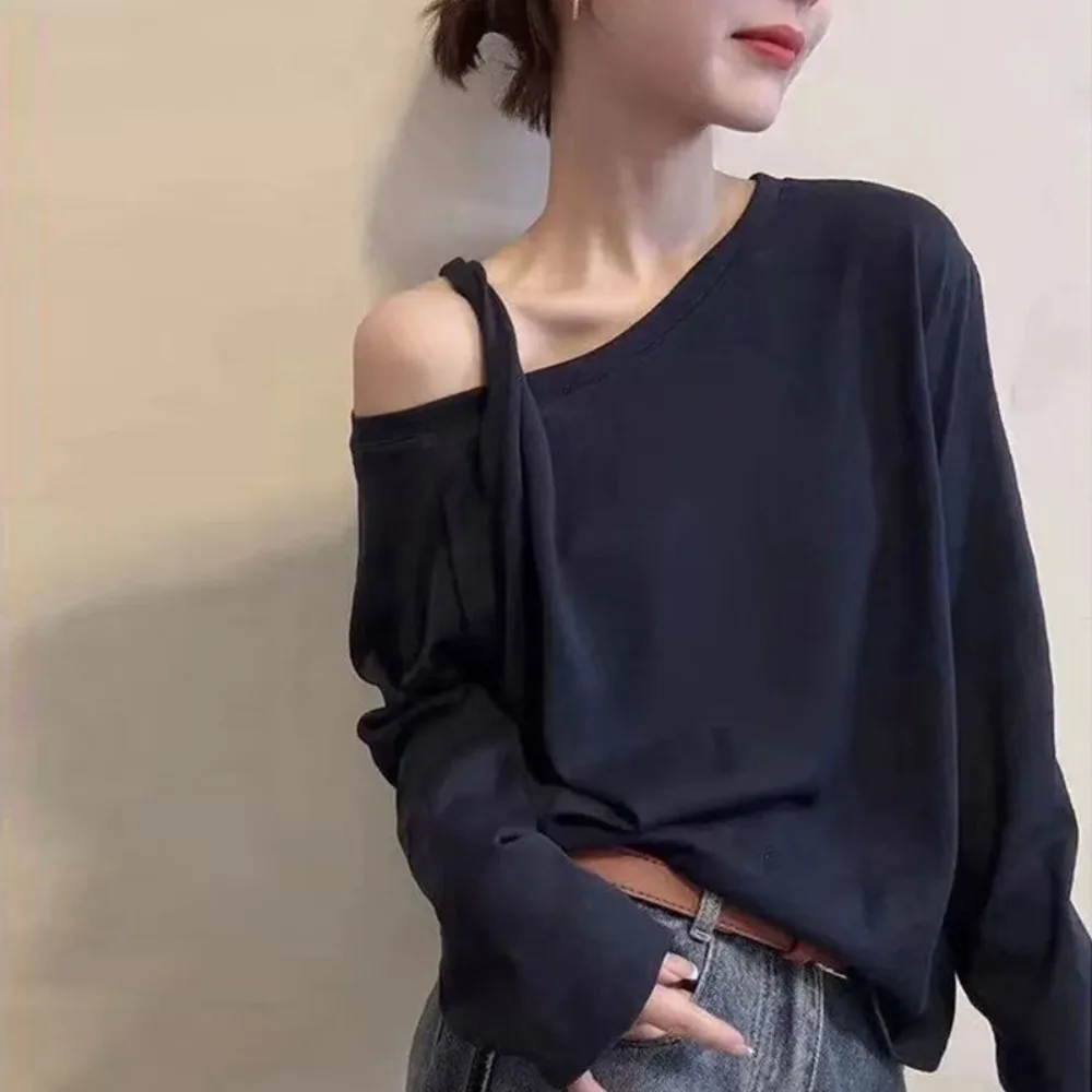 2026 NEW Shoulder Bared Long Sleeve T Shirt Women Spring Autumn Loose Slimming Inner Wear Unique Design Special Interest Top