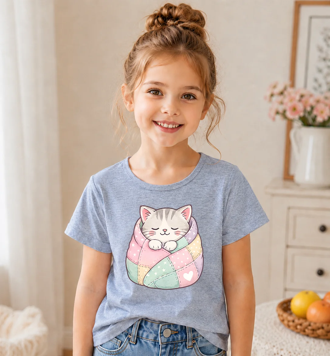 Kawaii Sleeping Kitten Patchwork Quilt Print Girls T-shirt Soft Cotton Kids Short Sleeve Tee Cute Cartoon Cat Heart Star Graphic