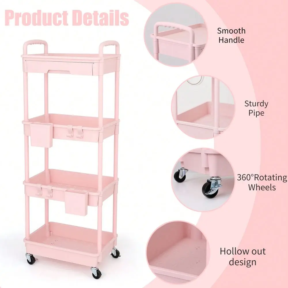 4 Tier Rolling Utility Cart With Drawers,Easy Mobility,Save Space,Utility Cart Made Of Multifunctional Storage Organizer Tool For Kitchen,Bathroom,Salon,Living Room,Garage,Office