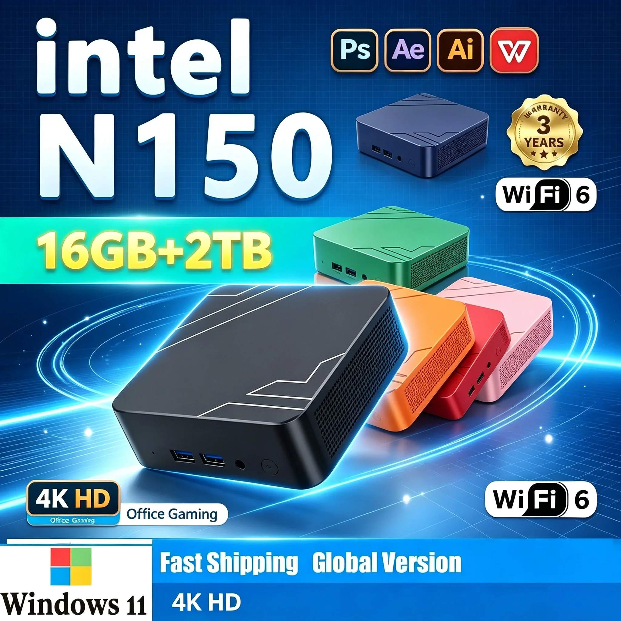 New Mini PC Intel Core N150 Portable Mini Computer 16GB RAM 1TB 2TB SSD Windows11 WiFi6 BT5.2 Host For Home Office Gaming Work