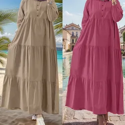 Vintage Solid Ruffles Hem Sundress Robe Femme Turkey Vestido Kaftan Women Fashion O Neck Long Sleeve Muslim Abaya Dress