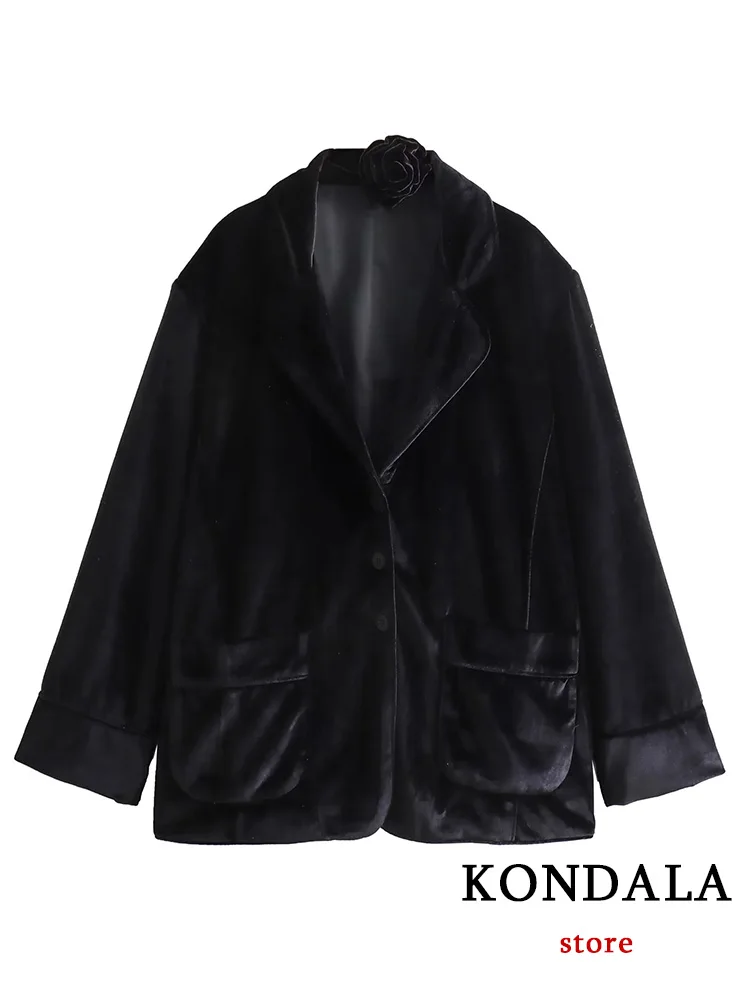 KONDALA Vintage Chic Women Velvet Blazer Black Solid V Neck Long Sleeve Pockets Blazer New Fashion 2024 Winter Elegant Outwears