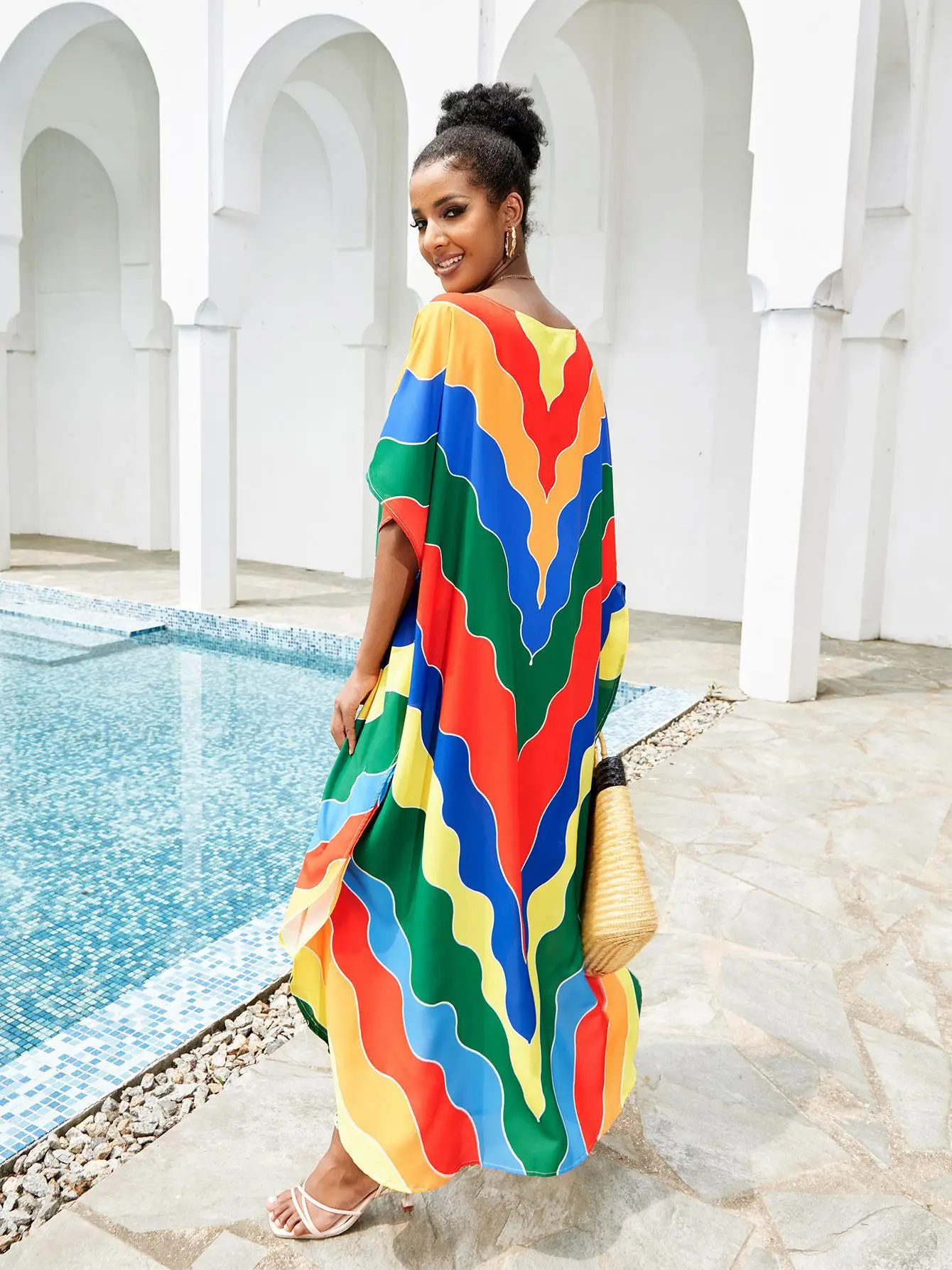 Multicolor Striped Kaftan Bohemian Printed Bikini Cover Up Batwing Sleeve Maxi BeachDress Women Beachwear Maxi Dress Robe