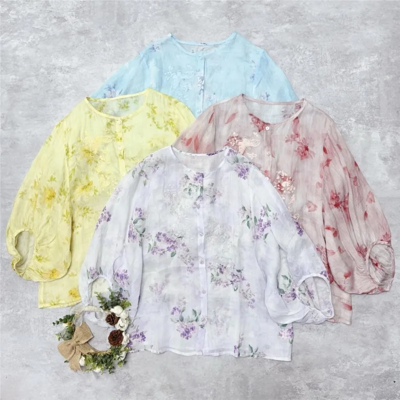 

Johnature Printed Embroidered Ramie Shirt Summer New Thin Pullover Sun-Protective Vacation Loose Women Top