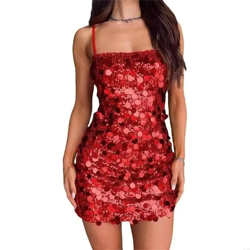 NONE 573B Elegantes, glitzerndes, paillettenbesetztes Cocktail-Mini-Bodycon-Kleid mit Spaghettiträgern für Damen 6