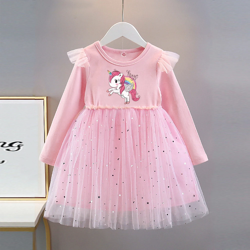 

Girls Clothes New Rainbow Unicorn Princess Dresses Pink Long sleeves Kids Dress Baby Dresses for Children Clothing Fashion 2-8T