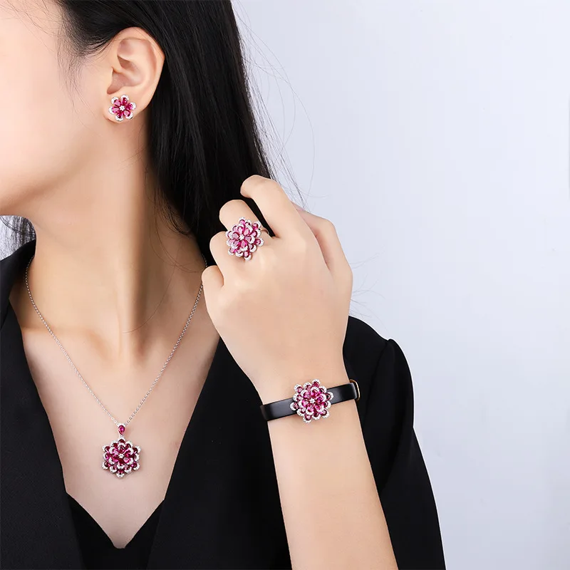 Jewelry S925 Full Silver Hot Selling Red Corundum Flower Set Luxurious Jewelry
