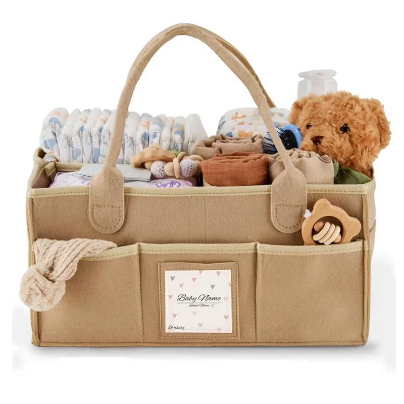 Baby Felt Storage Nursery Organizer Basket Infant Diaper Bag with Handle Caddy Changing Nappy Kids Storage Carrier Large Pocket