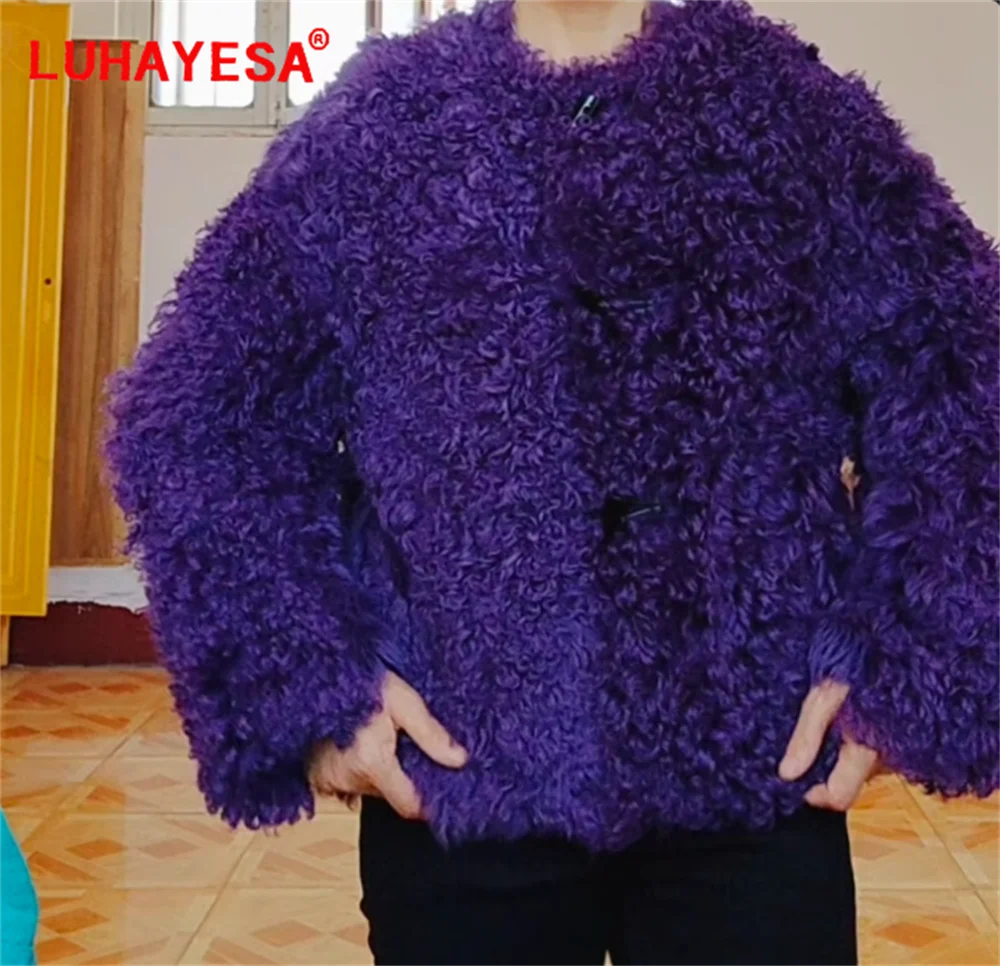 2024 Tuscany Sheepskin Lamb Fur Shearling Coat Women Winter Fashion Purple Real Fur Coat Genuine Fur Outfits