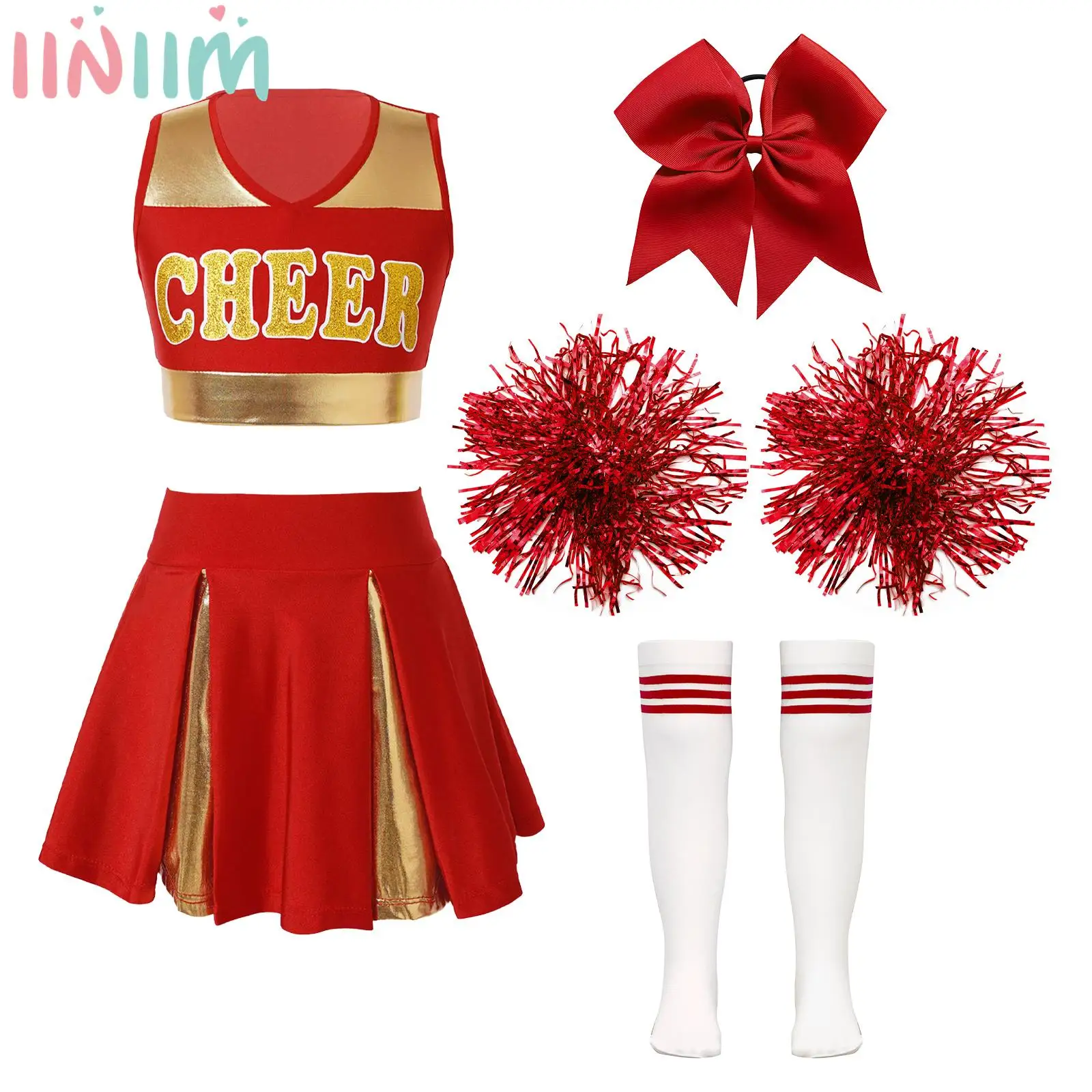 Girls Cheerleading Dance Outfits Sleeveless V Neck Crop Top with Pleated Skirt Halloween Cheer Leaders Performance Costumes