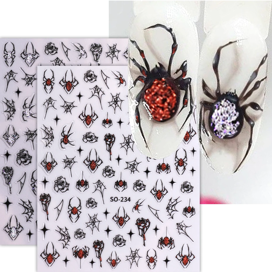 3d Spider Nail Sticker Zwart Rood Sliver Gillter Shinning Spider Scarlet Rose Slider Halloween Decal Diy Manicure Art Decoratie