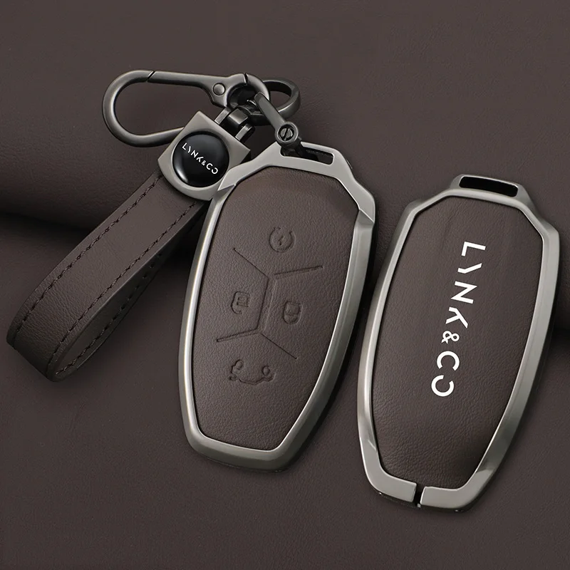 Metal Leather Car Key Case Protector Full Cover Shell Holder For LYNK&CO 05 01 02 03 06 Remote Keychain Auto Styling Accessories