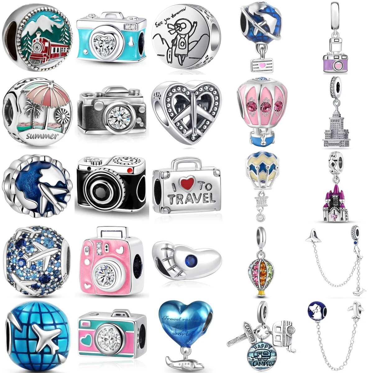 925 Sterling Silver Travel Charms Camera Train Hot Air Balloon Globe Plane Castle Suitcase Heart Beads Women DIY Jewelry Gift