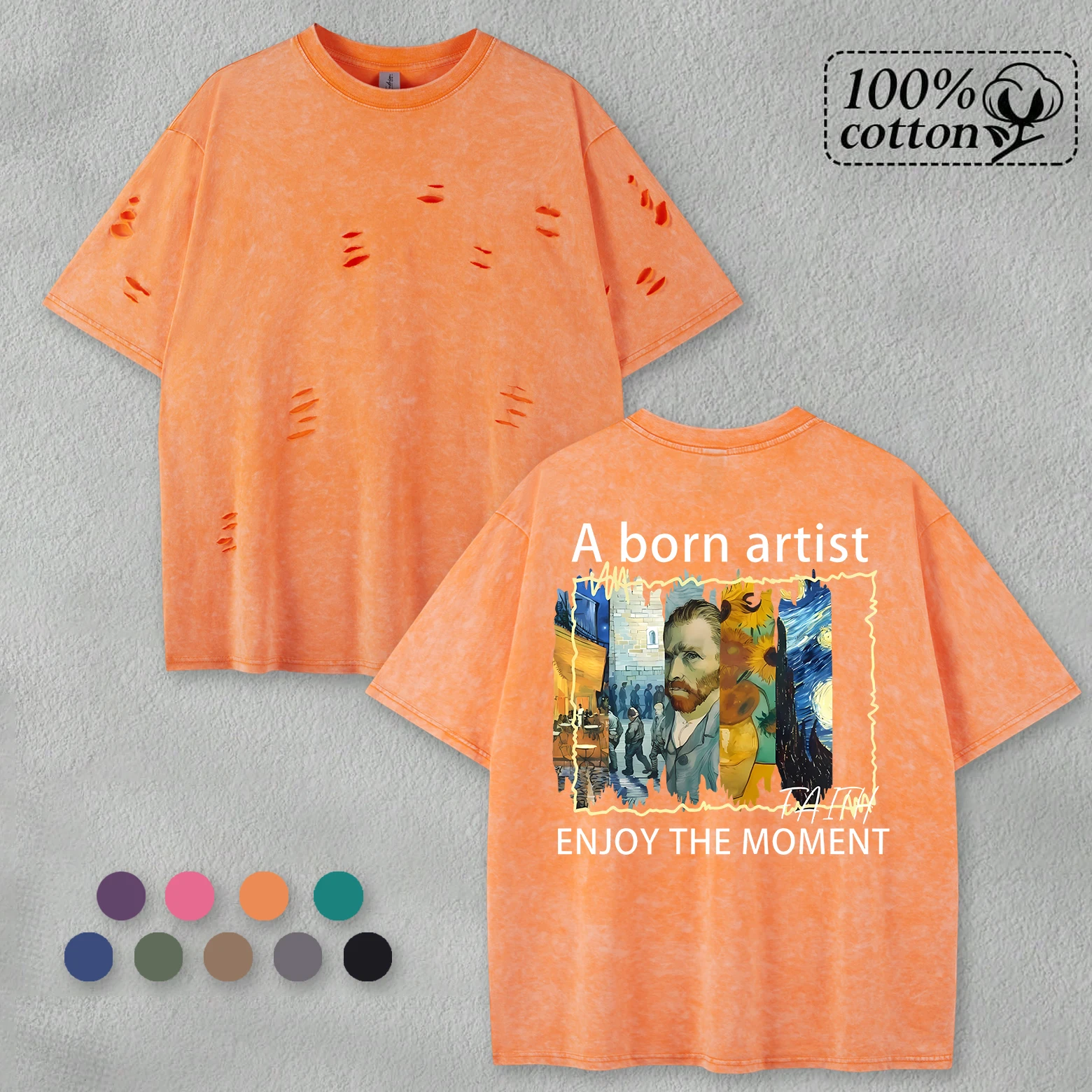 

Oil Painting Text Combination Design Retro Men T-Shirt Loose Holes Tee Summer Snow Wash Top Hip Hop Cotton Unisex Short Sleeve