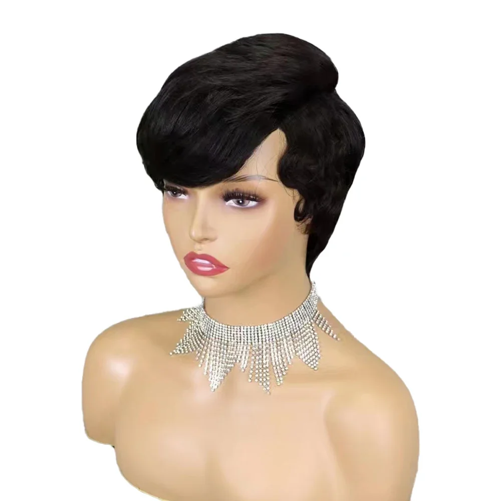 Short Human Hair Wigs Pixie Cut Straight Human Hair Wig with Bangs for Women Full Mechanism Brazilian Remy Cheap Wig 150 Density