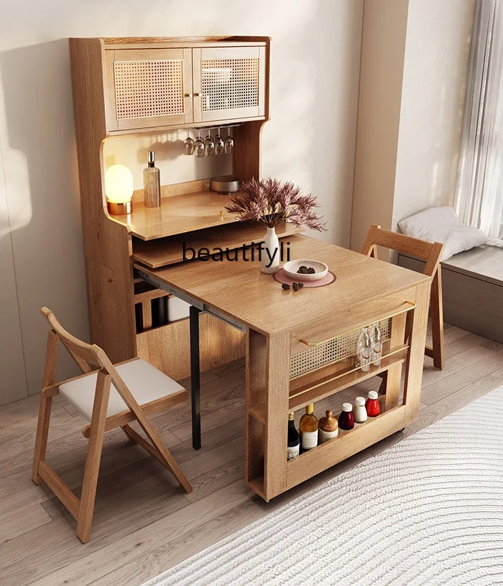 Small Apartment Solid Wood Dining Tables and Chairs Set Household Folding Dining Table Side Cabinet Integrated Retractable