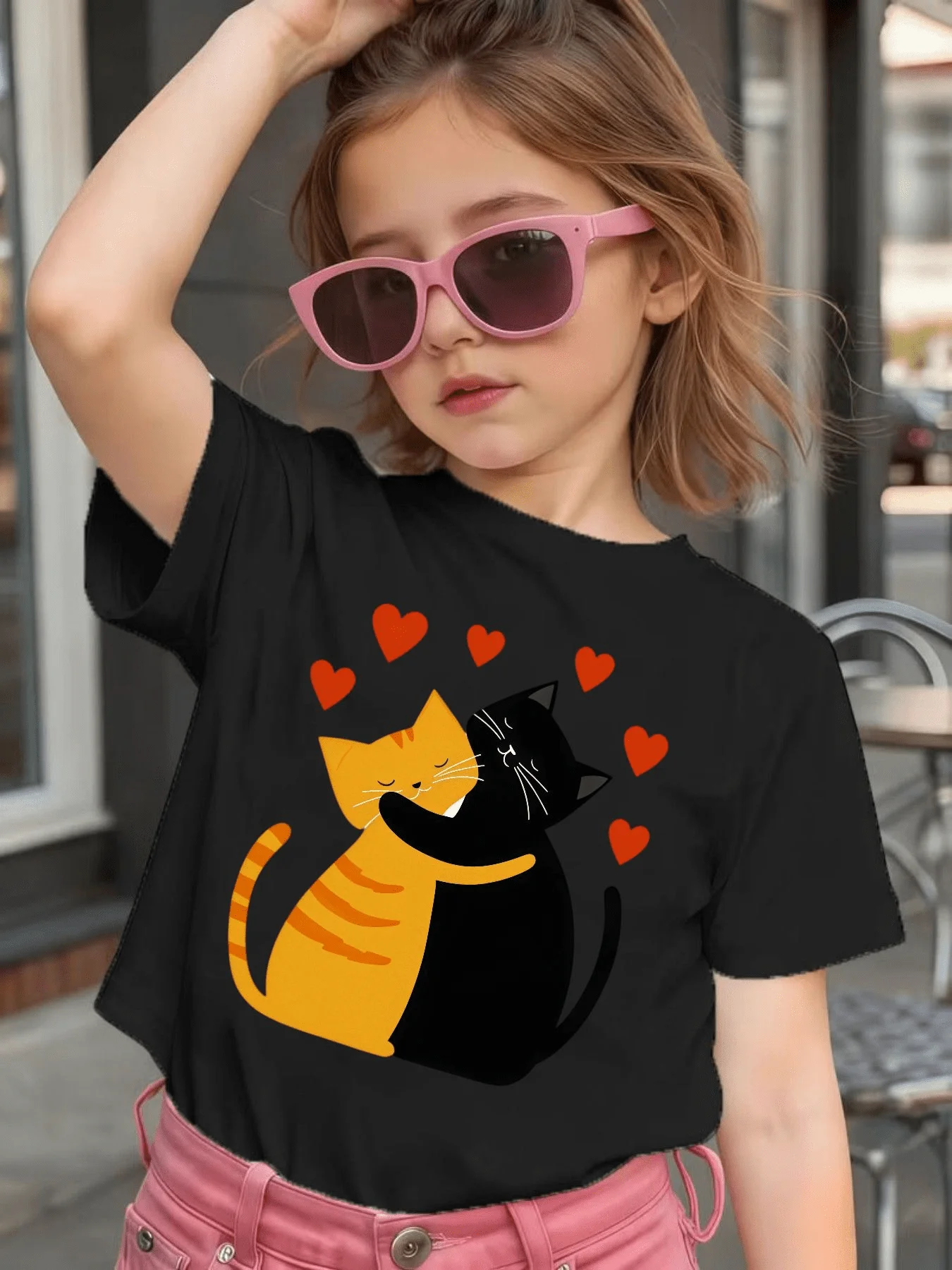 Lovely Hugging Cats Red Hearts Print Kid T Shirt Boys Girls Family Match Cotton Short Sleeve Tee Soft Daily Summer Kid Basic Top