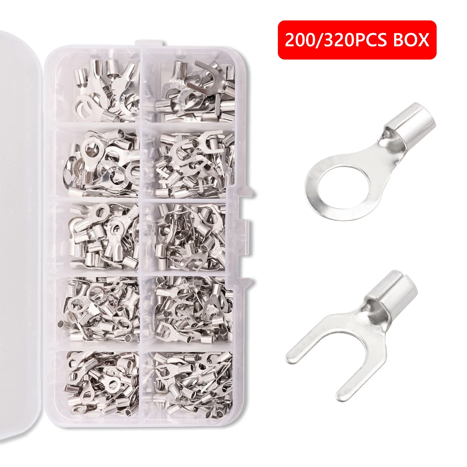 200/320pcs Ring Terminals Non-Insulated Ring Fork U-type Brass Terminals Assortment Kit Cable Wire Connector Crimp Spade Lugs