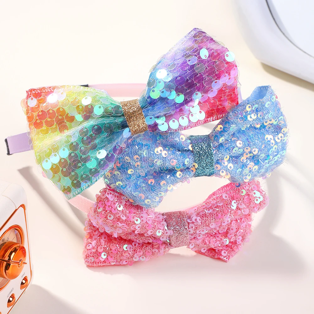 

3pcs Cute Sequin Hair Bows Headbands for Girls 4inch Glitter Bows Hairbands Kids Hairhoops Children Hair Accessories