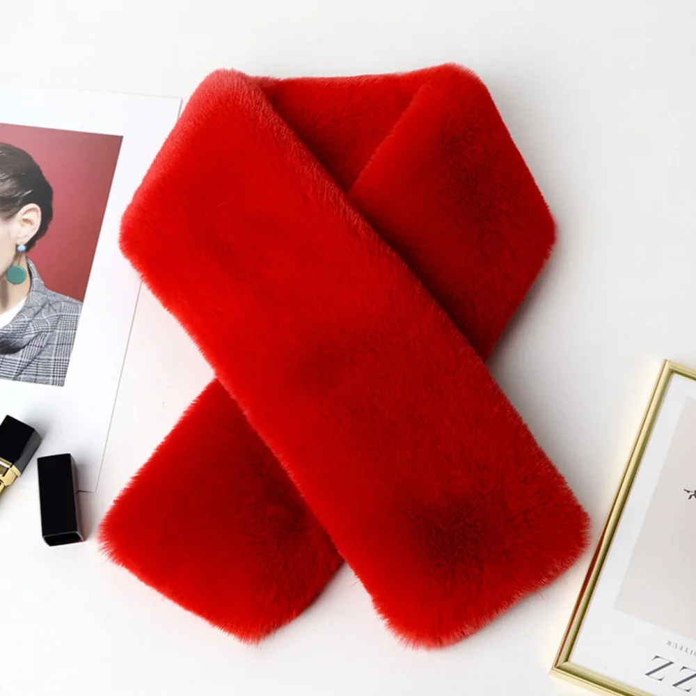 

Winter Warm Solid Color Cross Scarf Thicken Faux Rabbit Fur Neckerchief Wrap Neck Warmer Women