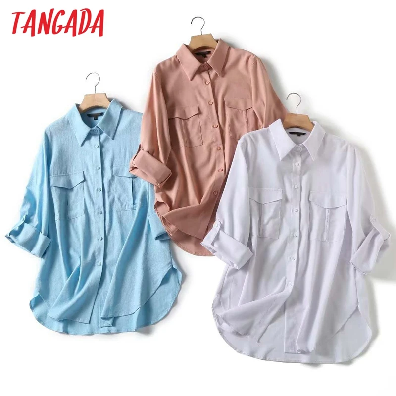 Tangada 2023 New Women High Quality Cotton Linen Blouse Long Sleeve Ladies Loose Top 4C108