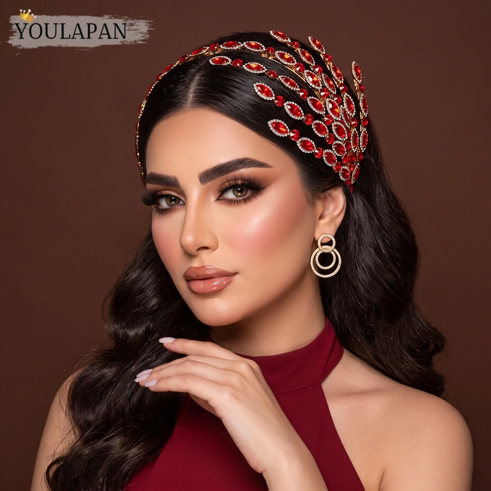 YouLaPan Luxury Gold Red Rhinestone Leaf Bridal Headband Wedding Tiara Handmade Prom Evening Party Hair Accessories HP1072