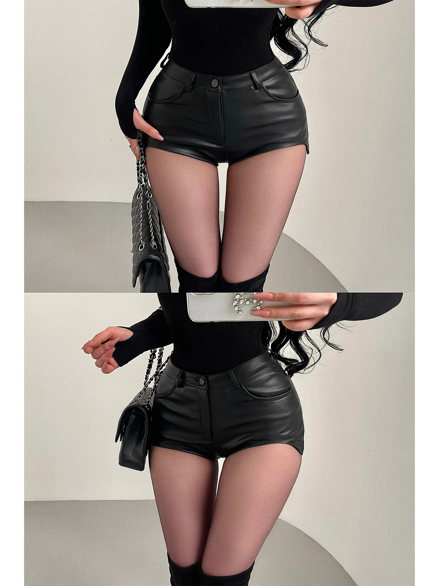 

Sexy High Waist PU Leather Shorts Women's Tight Fit Hot Pants Long Legs Enhancing Hip Shape Arc Design Daily Wear Shorts
