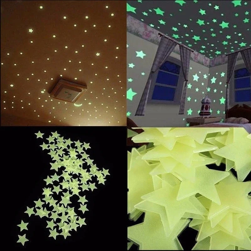 100 Uds. Pegatinas de pared de estrellas 3D, pegatinas de pared fluorescentes luminosas para habitación de bebé, dormitorio, techo, decoración del hogar, brillan en la oscuridad