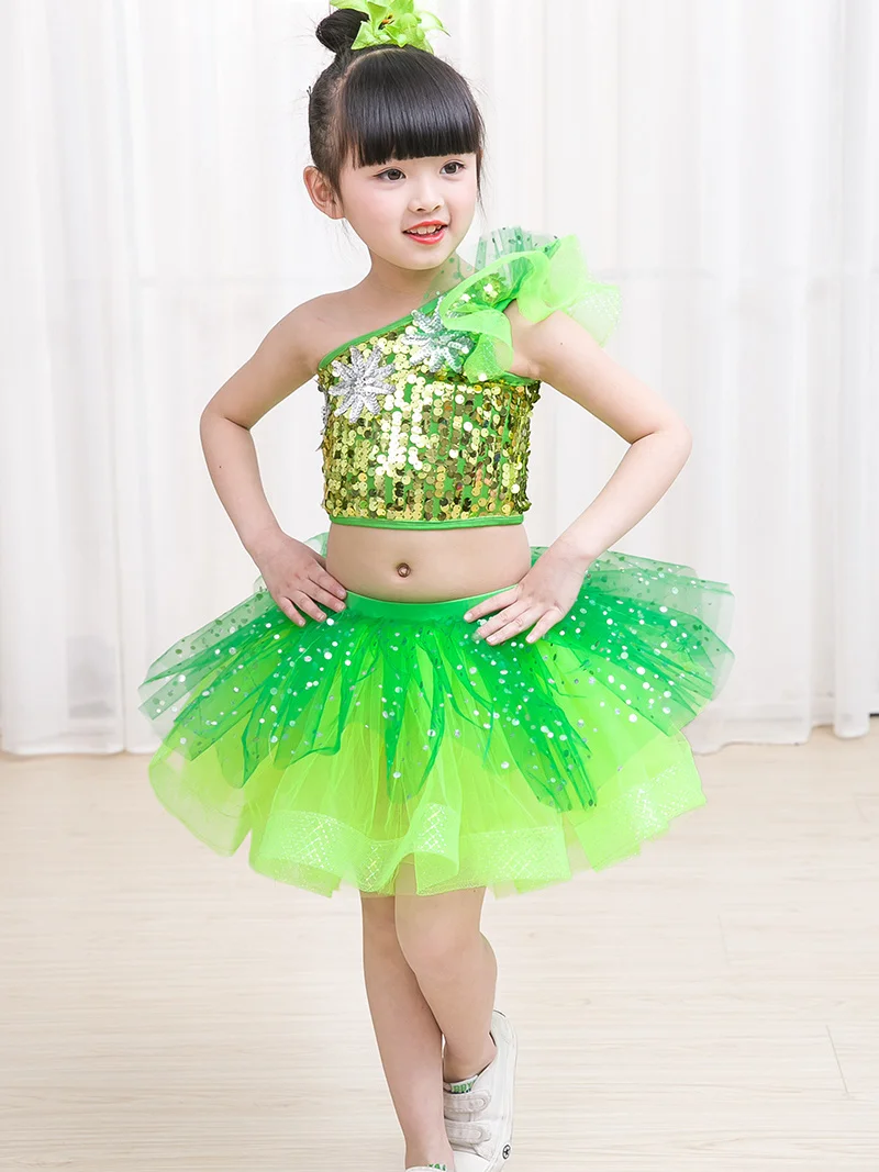 Children's performance clothing, kindergarten dance performance clothing, small grass green jazz sequins, cute