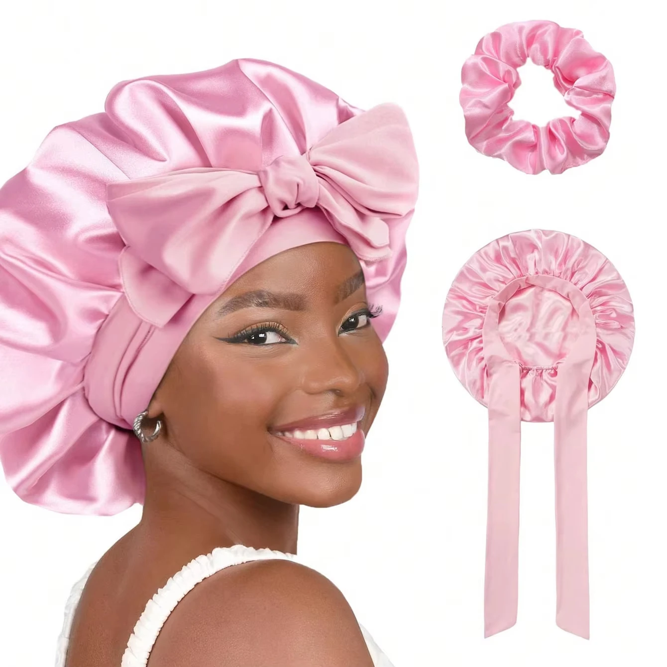 1 Set Satin Silk Bonnet for Sleeping Women, Hair Bonnet with Elastic Tie Band for Curly Natural Hair