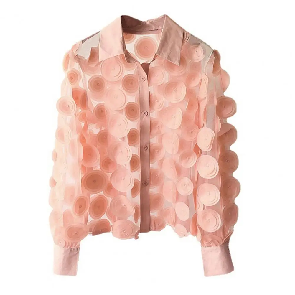 Chiffon Shirt Lapel Lantern Long Sleeve Shirt Tops 3D Floral Print Semi-Sheer Mesh Splicing Single Breasted Blouse