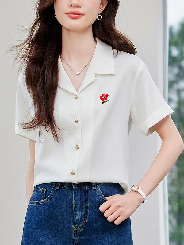 

Женская летняя повседневная рубашка с уникальной вышивкой и коротким рукавом, прямого кроя, из полиэфирного волокна, для поездок на работу, с эффектом стройности