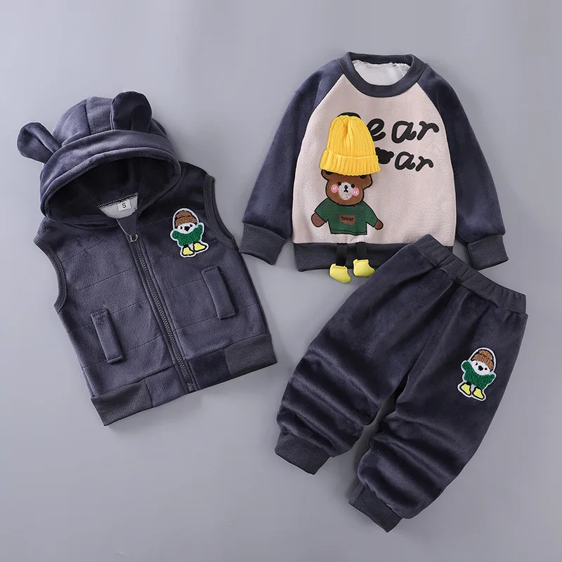 

Baby Fleece Sets Winter Boys Warm Suit Autumn Girls Cotton Thicken Hooded Coat Tops Cartoon Bear Pants 3Pcs Kids Casual Outfits