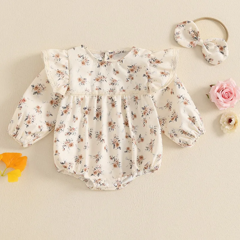 

0 to 18 Months Baby Girl Bodysuit Spring Autumn Clothes Floral Crew Neck Long Sleeve Lace Hem Jumpsuit with Bow Headband