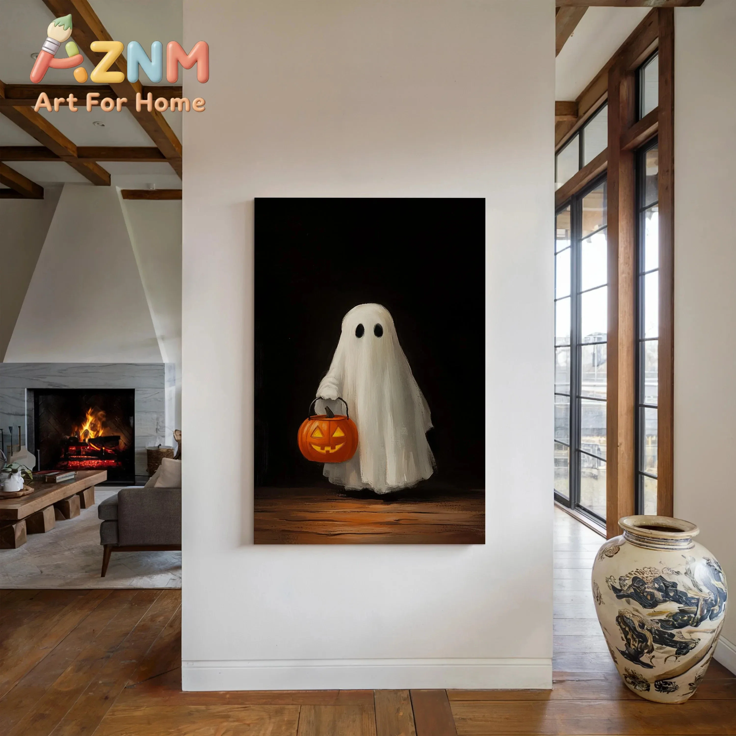 1pc Cute Ghost Holding Jack O'Lantern Poster Minimalist Halloween Decor Frameless Canvas Print Festive Home Bedroom Decor