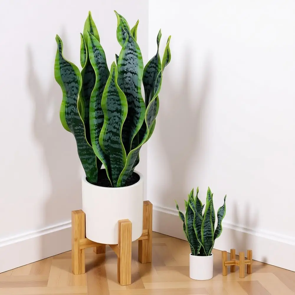 

Artificial Snake Plant Potted with Solid Wood Stand, 19 Sansevieria Tropical White Ceramic Pots for Plants or Home Office Indoor
