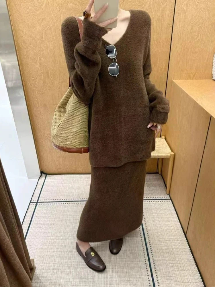New in Spring Autumn Knitted Sweater Skirts 2 Piece Set for Women Vintage V Neck Loose Warm Pullover High Waist Skirts Set The