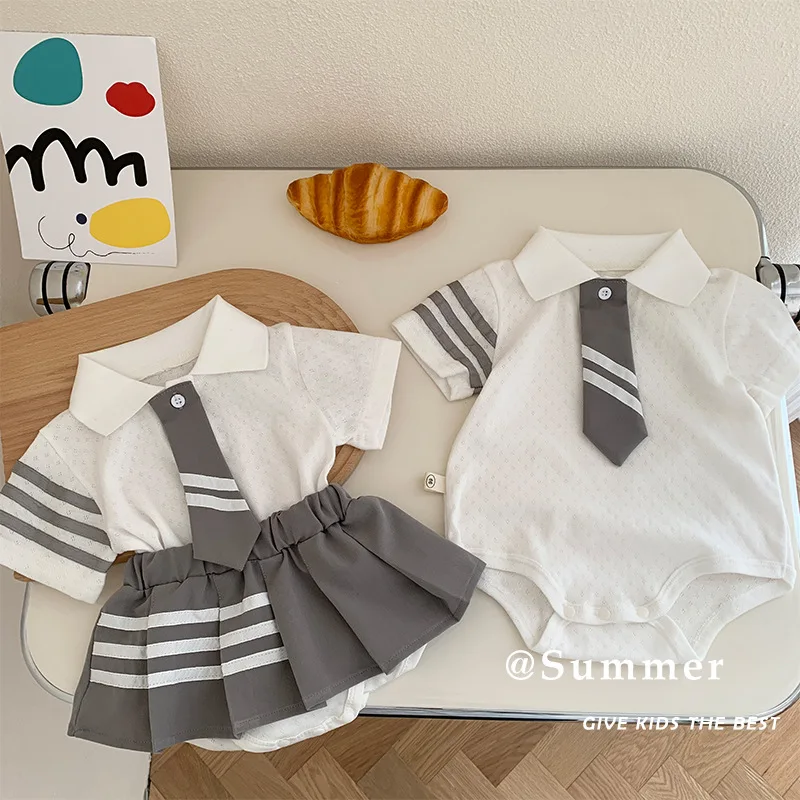 

2024 Summer Sibling Look Clothes Set Cotton College Style Turn Down Collar Short Sleeve Jumpsuit Elastic Waist Pleated Skirt Set