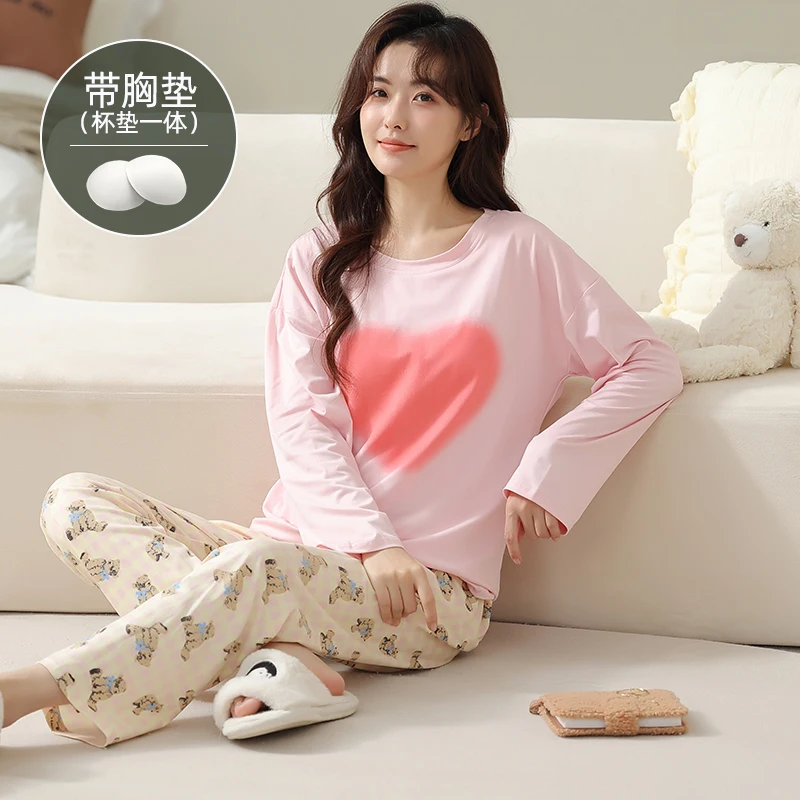 

Big Size M-4XL Women Knited Cotton Pajamas Set Cute Cartoon Pijamas With Chest Pad Long Sleeve 2 Piece Set