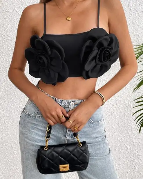 

2025 New Personalized Elastic 3D Flower Women's Sexy Black Tank Top