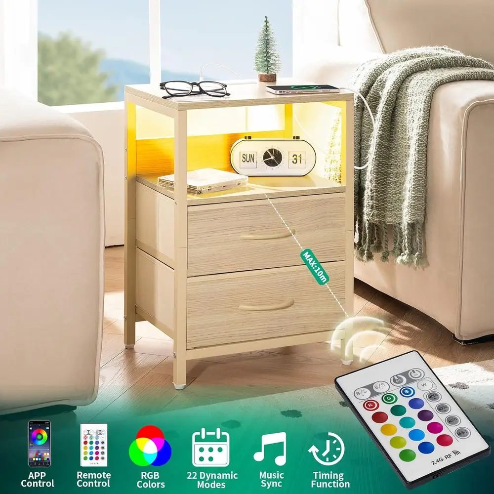 Mesita de noche con estación de carga, cajones de tela con iluminación LED, estante de almacenamiento y puertos USB/salida