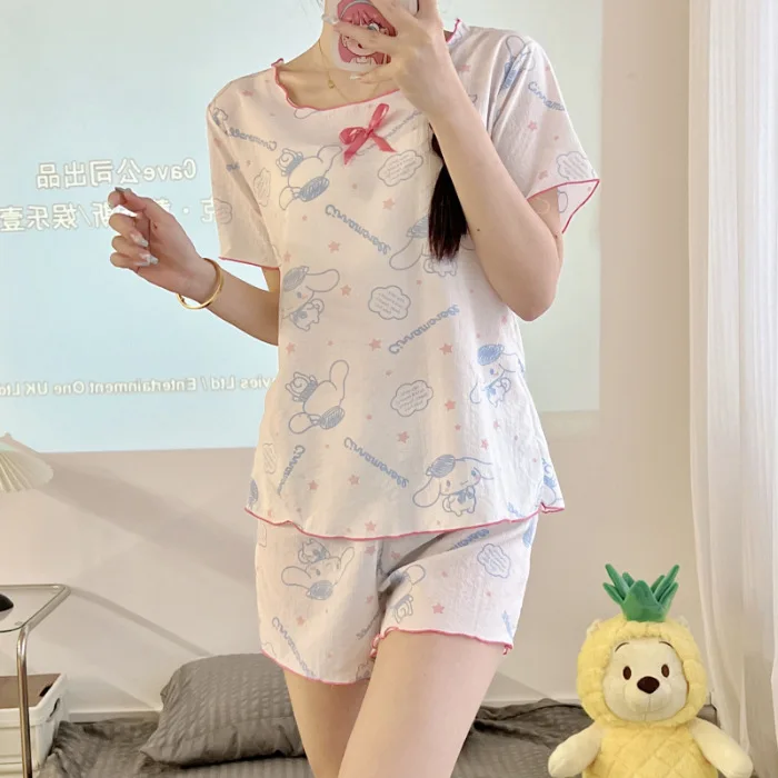 Bow Pajamas Women Cardigan 2023 New Summer Cute Pochacco Kuromi Cinnamoroll Two Piece Shorts Simple Homewear Set Anime Plush Toy