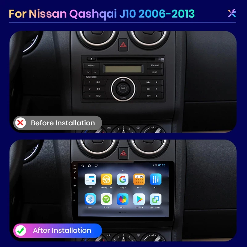 For Nissan Qashqai J10 2006 2007-2013 Wireless CarPlay Apple Android Auto Car Radio GPS RDS WiFi BT 4G 8 Core Multimedia Stereo